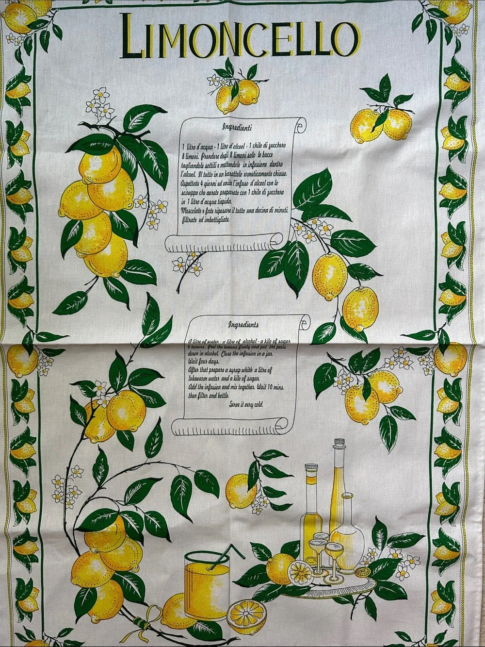 NWOT Lemon Tea Towel Italy Cotton LIMONCELLO MonveniR 22” X 34” Vintage Italian